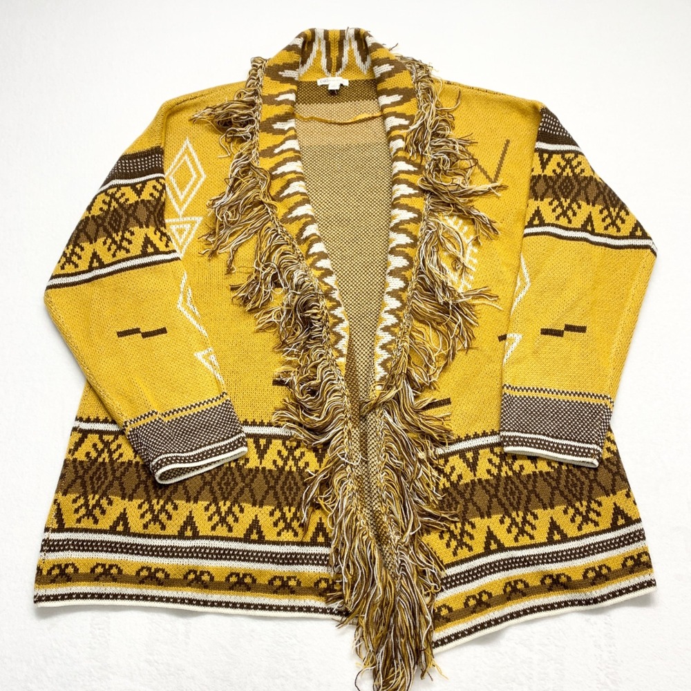 Cato Southwestern Fringe Cardigan Womens Yellow Boho Aztec Knit‎ Size XL Acrylic